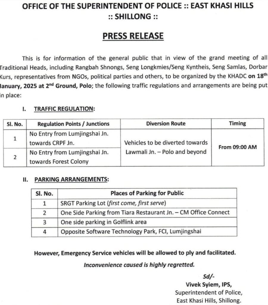 Meghalaya: STP announces traffic regulations for KHADC programme in Shillong tomorrow